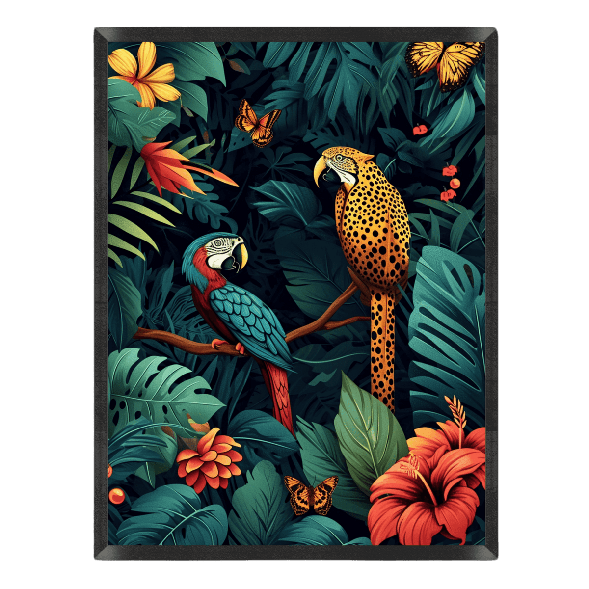 Framed artwork of tropical birds and foliage with parrots and flowers.