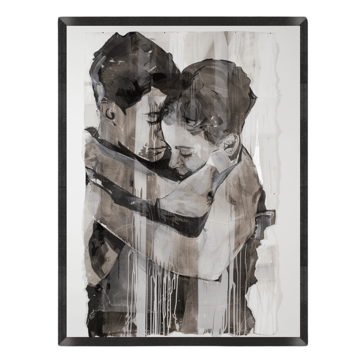 Artistic black and white depiction of a couple embracing, framed in black.