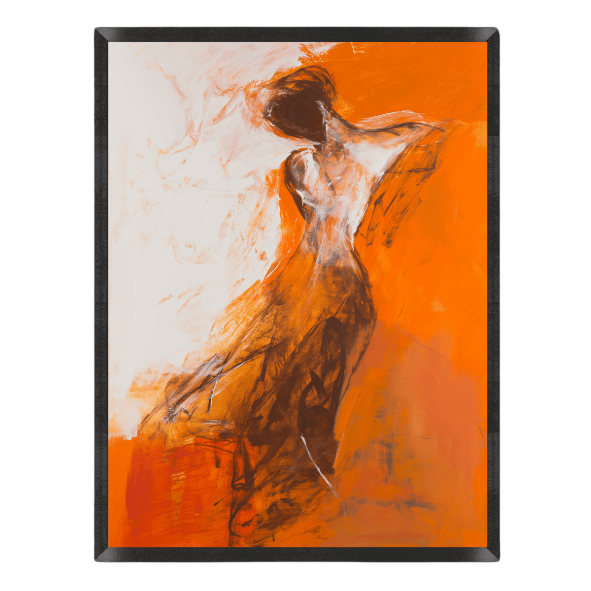 Expressive abstract painting of a dancing female figure, featuring loose charcoal-like sketches and vibrant orange and white painterly brushstrokes.