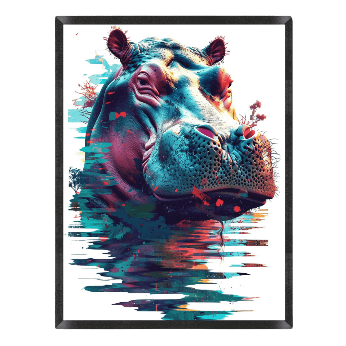 Colorful hippo illustration with abstract water effect on a white background