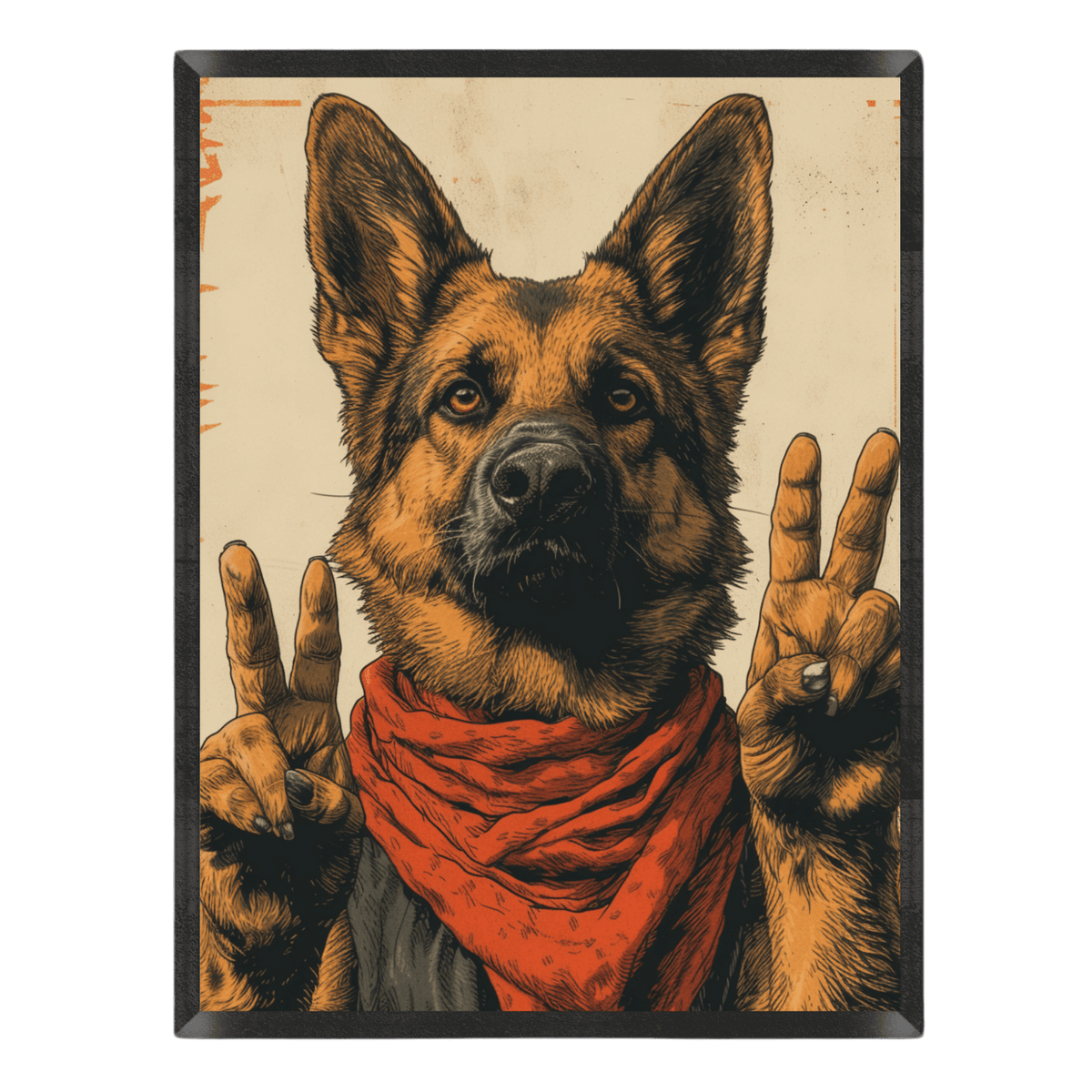 Illustration of a dog wearing a red bandana and making peace signs with its paws.