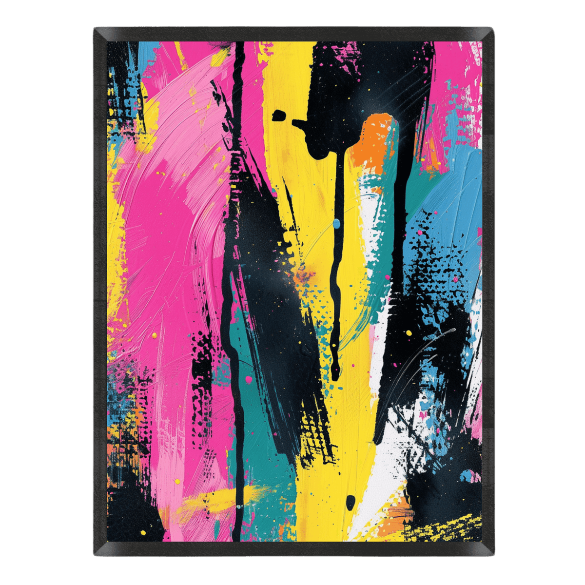 90s-style abstract graffiti art print featuring bold paint drips, thick textured brushstrokes, and energetic splatters in vibrant neon pink, bright yellow, turquoise blue, and black, enclosed in a thin black frame