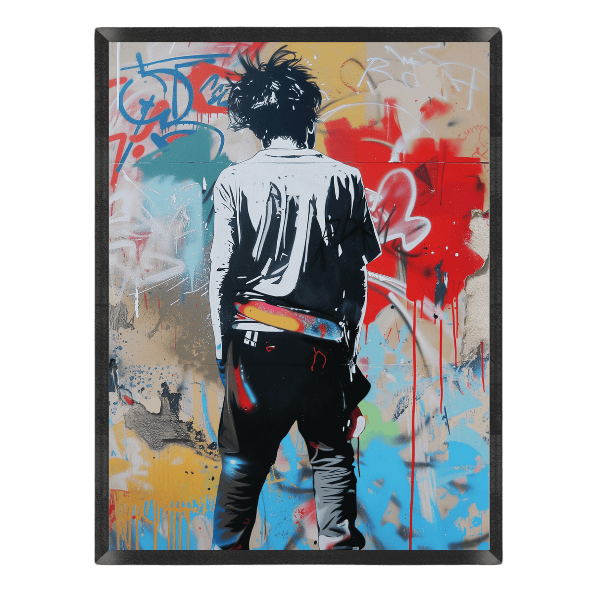 Street art wall print featuring a stencil figure with messy dark hair seen from behind, standing against an urban wall filled with colorful graffiti tags and spray paint drips in red, blue, and yellow set in a black frame.