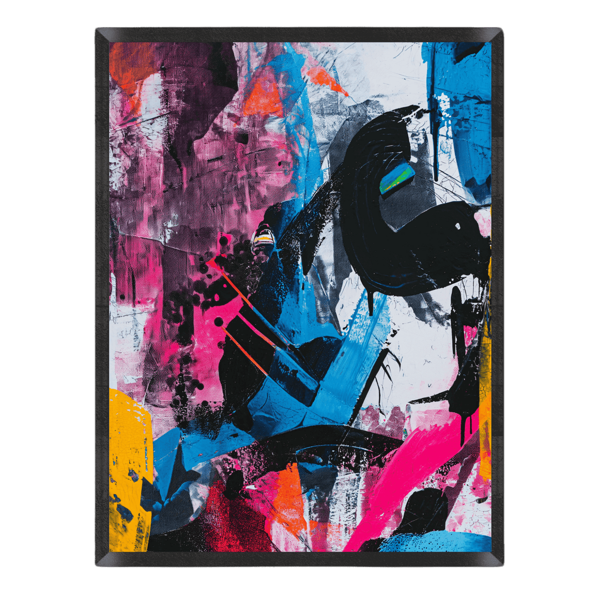 Abstract art piece with vibrant colors and dynamic shapes on a black background