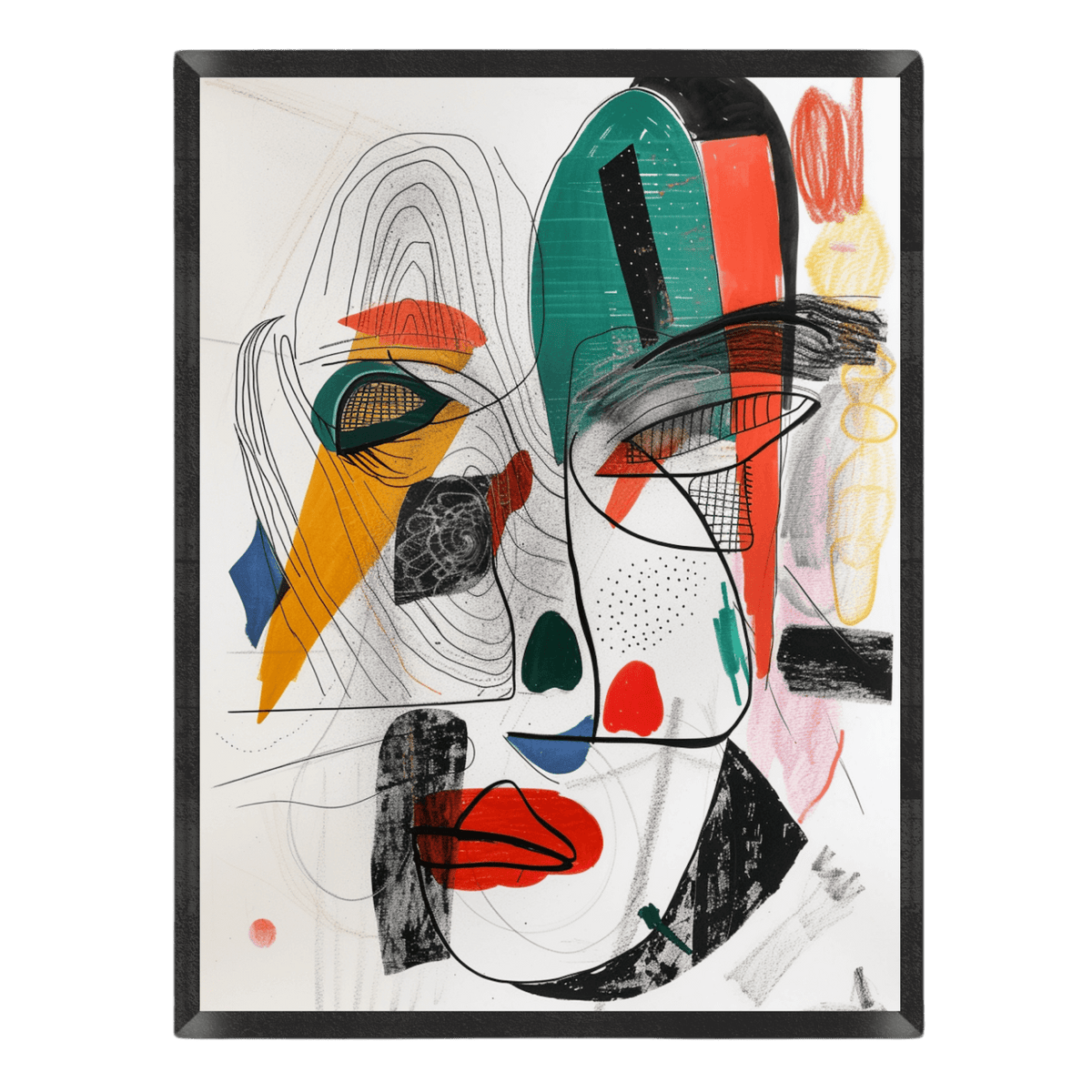 Abstract line-art portrait featuring overlapping geometric shapes, fine contour lines, and bold blocks of color in red, emerald green, mustard yellow, and blue.