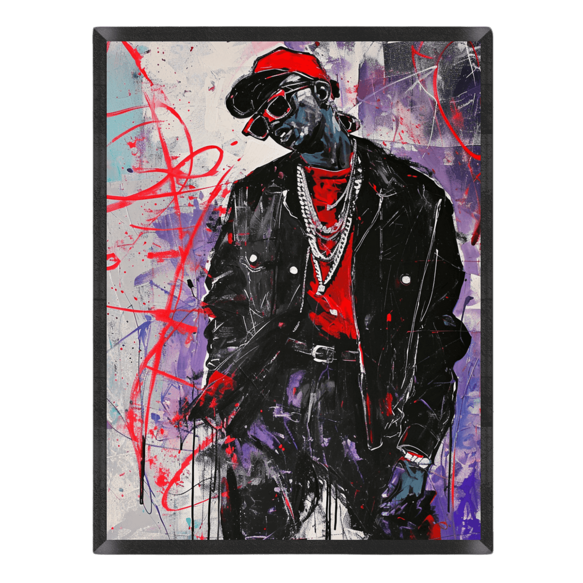 Artistic depiction of a person wearing a black leather jacket, red shirt, and red cap against a colorful abstract background.