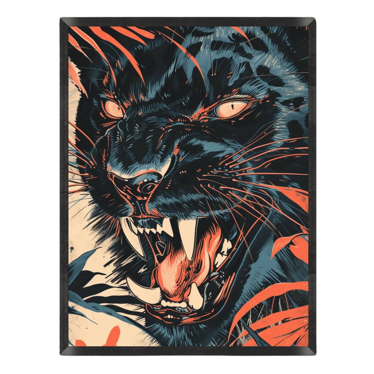 Framed artwork of a roaring panther with a black frame.