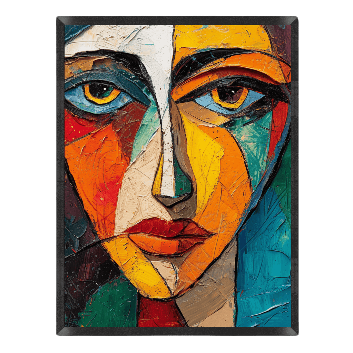 Colorful abstract art of a face with a black frame