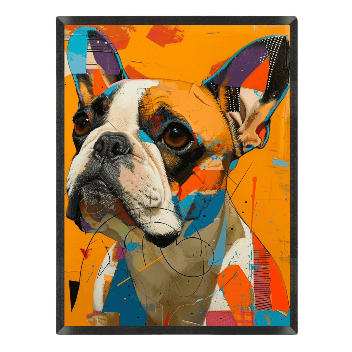 vibrant abstract French Bulldog art print featuring a close-up dog portrait with large dark eyes, colorful collage elements, and paint splatters in orange, teal blue, and purple tones, enclosed in a thin black frame