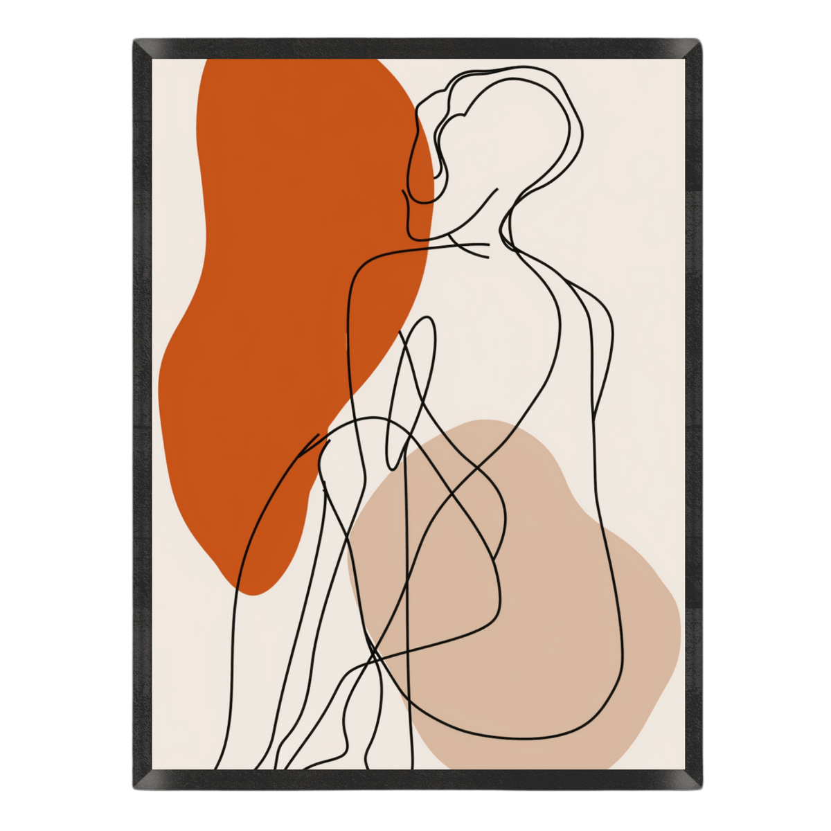 Abstract line art of a nude figure with brown and orange shapes on a beige background
