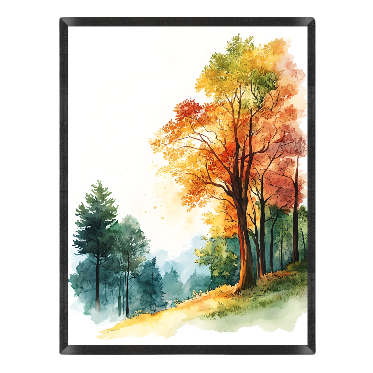 Watercolor art print depicting an autumn landscape with a prominent tree in orange and yellow foliage, green pines, and a soft blue misty background, enclosed in a black frame.
