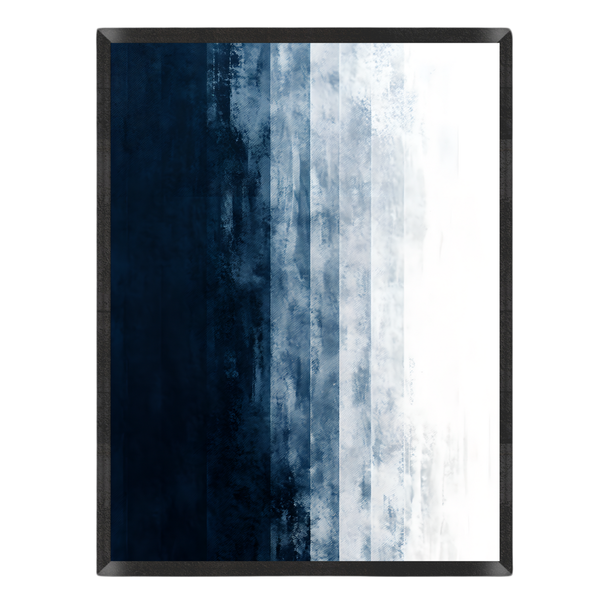 Abstract art print featuring vertical textured stripes in dark navy, medium blue, and white, enclosed in a thin black frame against a plain white background.