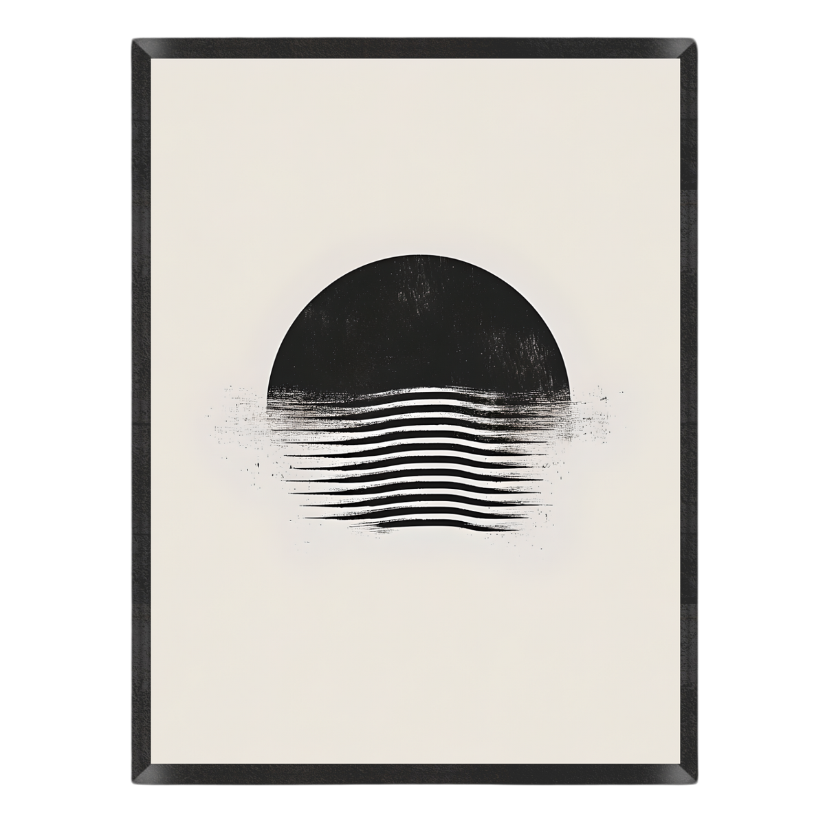A minimalist wall art print featuring a black semi-circle with textured horizontal brushstroke lines across the middle, set against a warm off-white background and enclosed in a thin black frame.