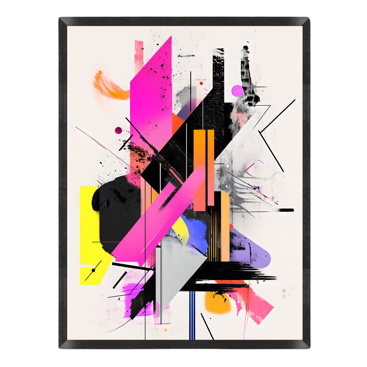 Abstract geometric wall art print featuring bold magenta, black, orange, yellow, purple, and gray shapes on a light background, shown against a plain white backdrop.
