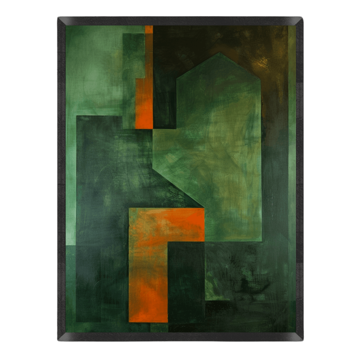 dark minimalist abstract art print featuring geometric block shapes in moody forest green, emerald, and deep olive tones accented with vivid rust-orange geometric bars inside a thin black frame