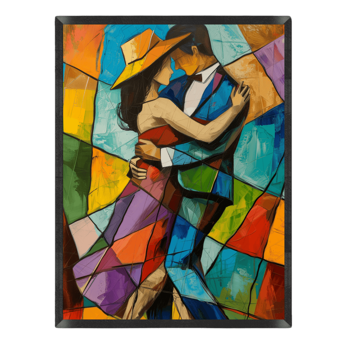 cubist art print featuring a dancing couple embracing in an elegant tango, with a woman in a yellow hat and red dress and a man in a suit, composed of vibrant patchwork geometric panels in blue, orange, and purple inside a thin black frame
