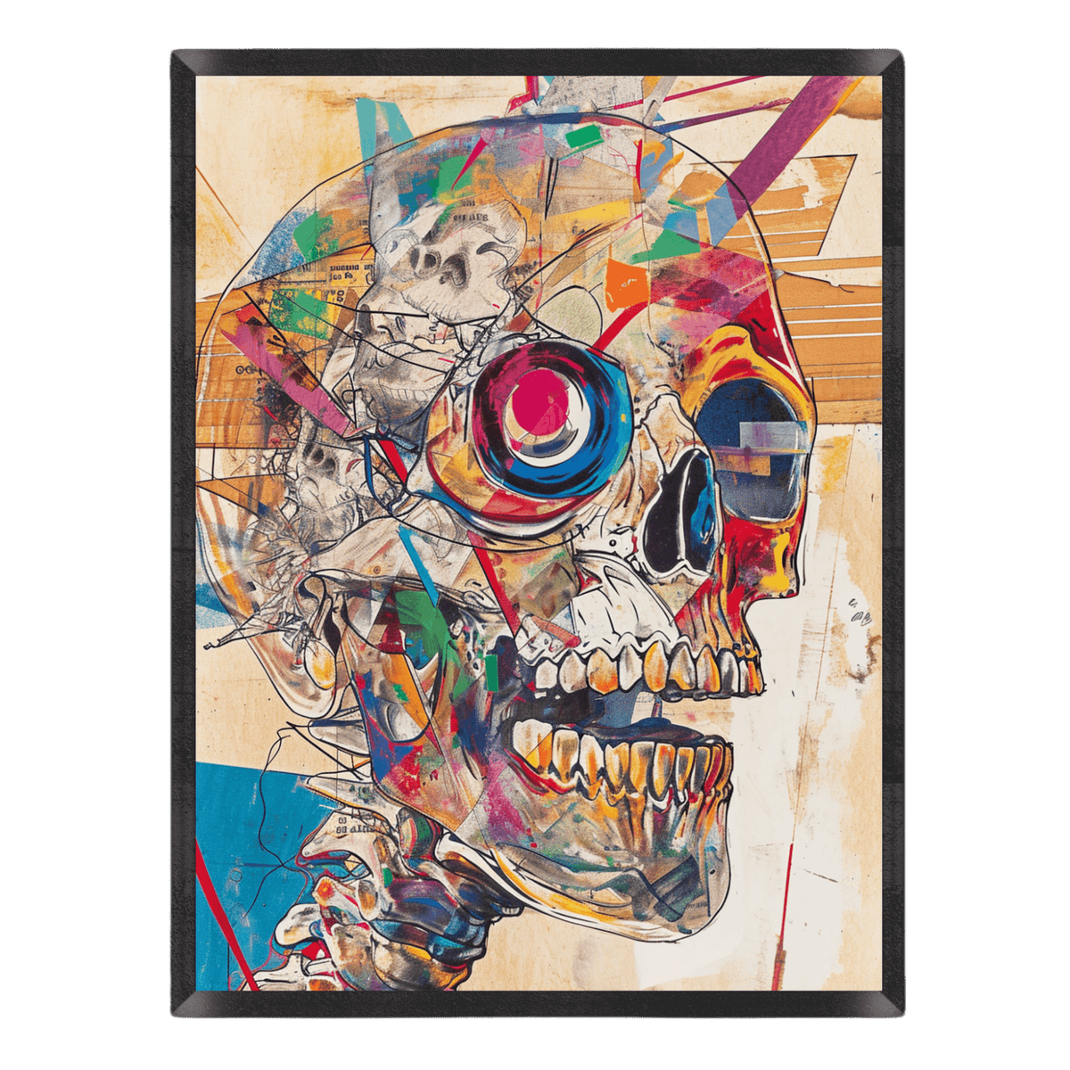 vibrant abstract skull art poster featuring a complex collage of graffiti, magazine cutouts, geometric shapes, and dynamic paint splatters on a textured background with blue, red, and yellow accents, enclosed in a thin black frame