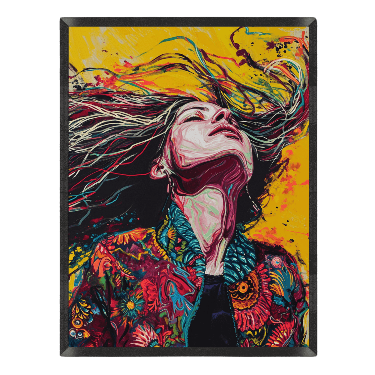 vibrant street art portrait poster featuring a woman with flowing flowing colorful hair tilted back, wearing a detailed patterned jacket against a bright yellow splashed background inside a thin black frame