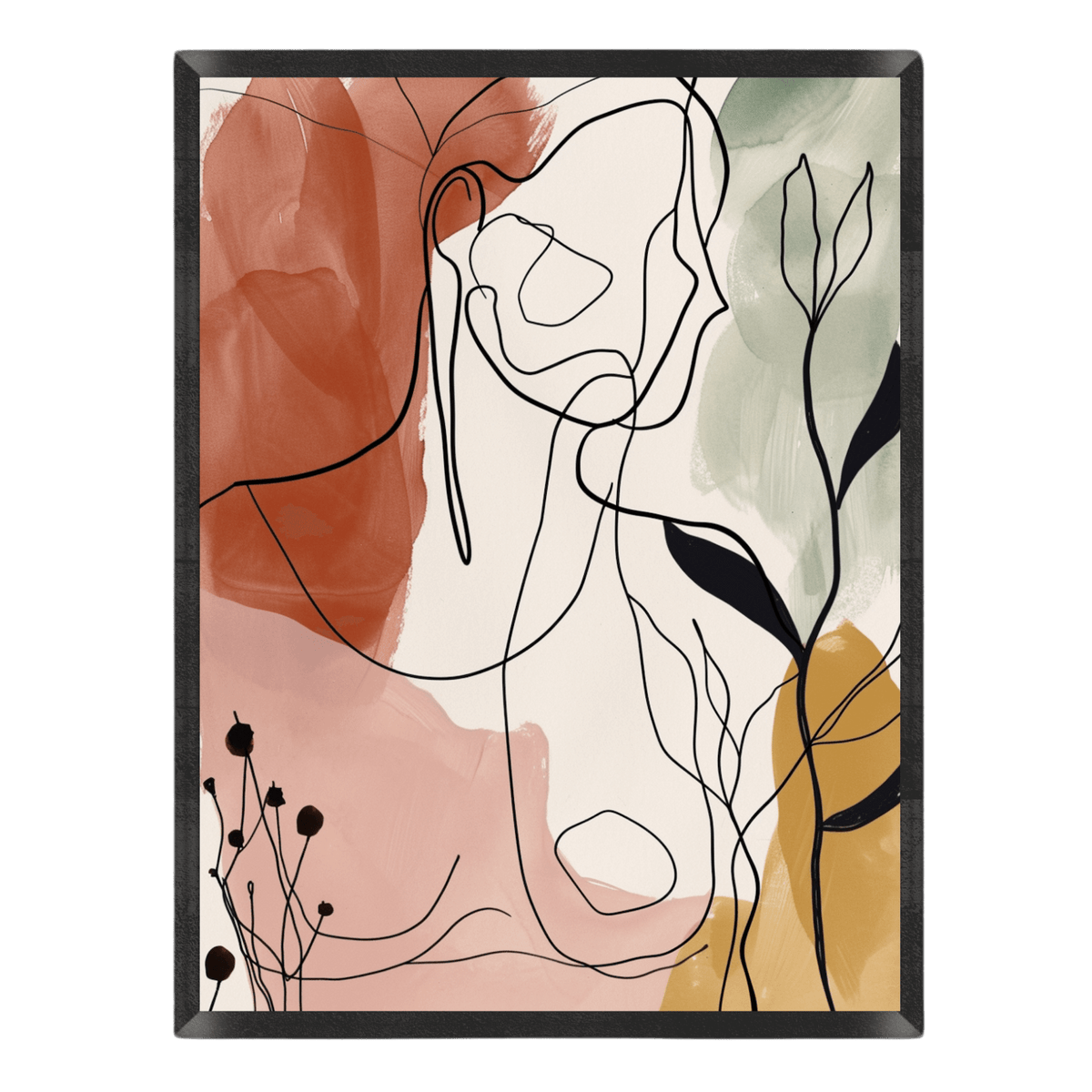 Boho line art print featuring a minimal continuous black line drawing of an abstract female silhouette and botanical leaves, layered over soft watercolor washes in terracotta, blush pink, sage green, and mustard yellow in a thin black frame.