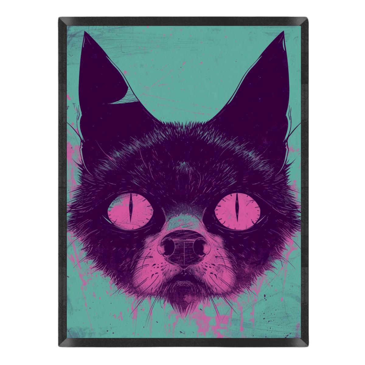 Edgy retro black cat poster featuring a close-up portrait of a cat head with pointed ears and large glowing pink eyes, styled with neon pink paint splatters against a textured teal background inside a thin black frame.