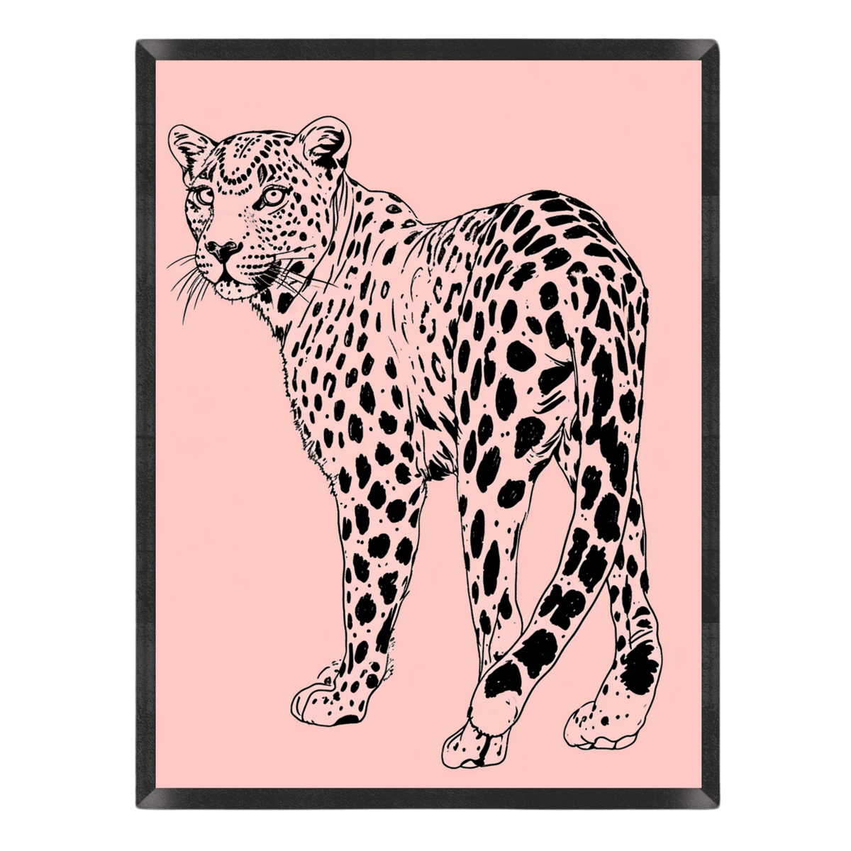 minimalist leopard illustration poster featuring a detailed black line art leopard looking back over its shoulder set against a soft blush pink background, enclosed in a thin black frame
