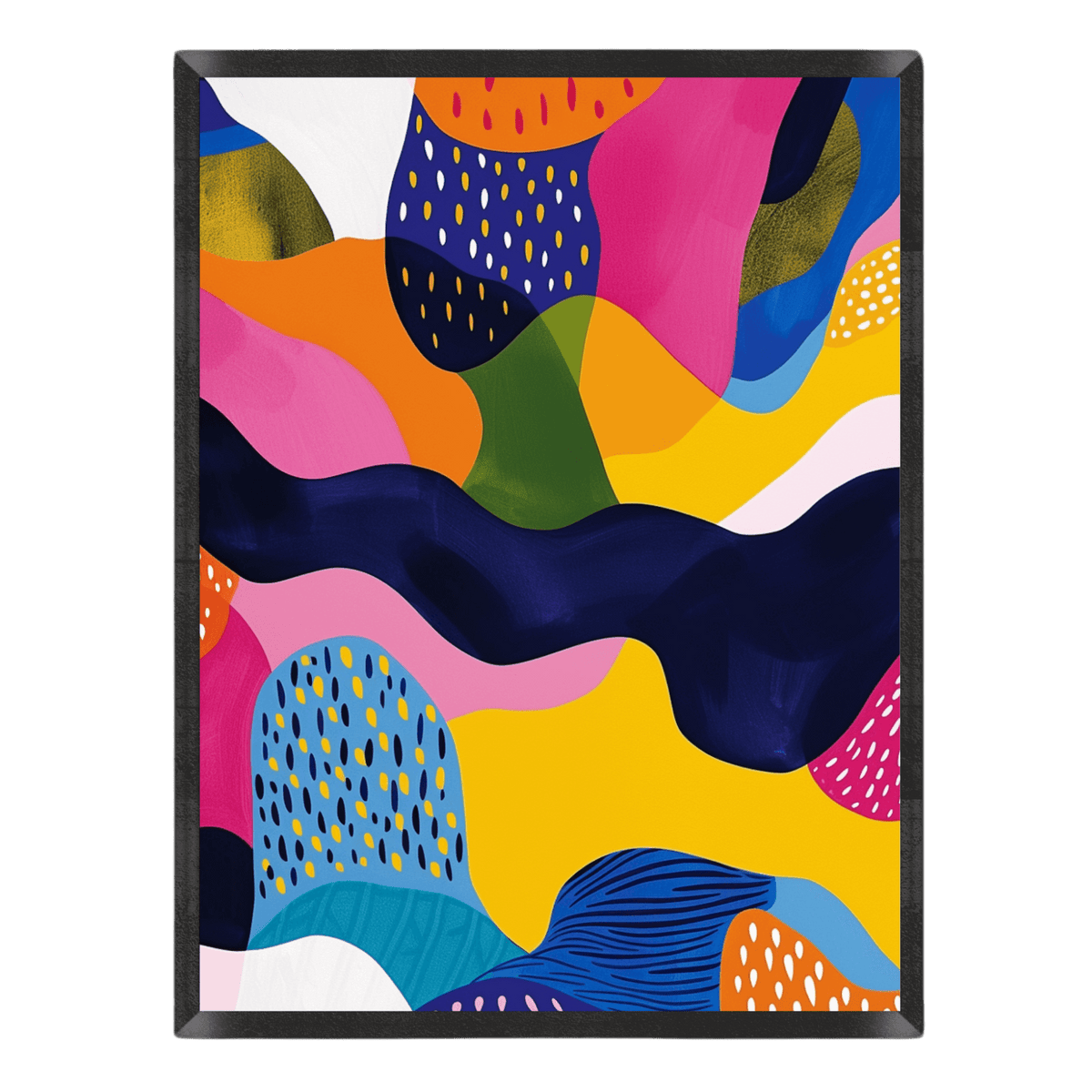 Colorful abstract art print featuring vibrant organic shapes and playful dot patterns in bright yellow, hot pink, orange, green, and cobalt blue with a dark navy wavy banner, enclosed in a thin black frame.