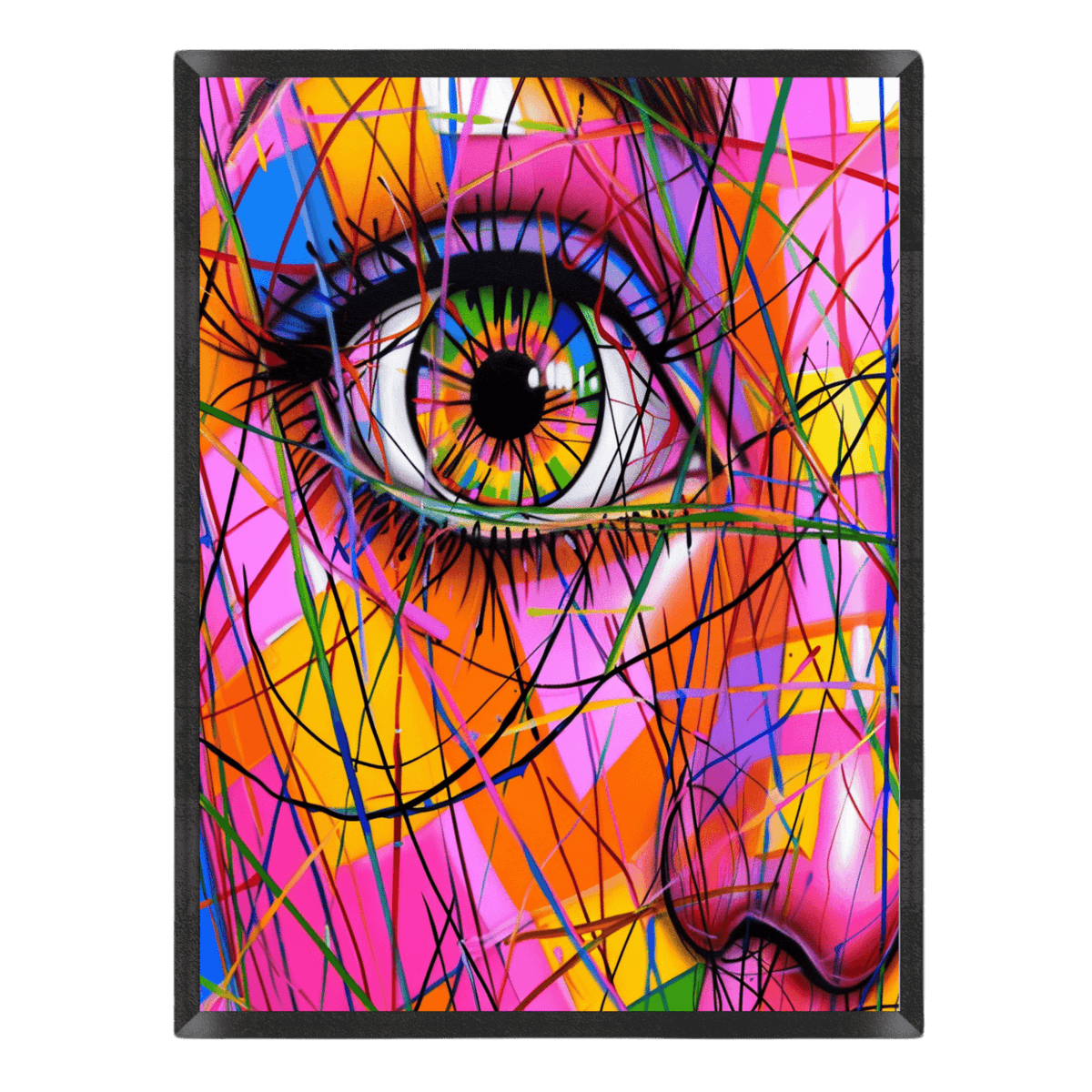 Vibrant pop-art wall print featuring a macro close-up of a detailed eye with a rainbow iris, overlaid with energetic neon lines and colorful paint splatters in hot pink, orange, yellow, and blue, enclosed in a thin black frame.
