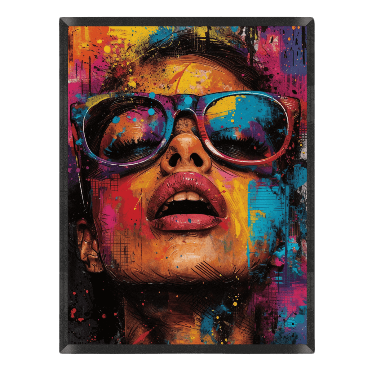 Vibrant street art portrait poster of a woman wearing colorful sunglasses looking upward, styled with bold graffiti paint splatters and brushstrokes in bright yellow, pink, blue, and orange inside a thin black frame.