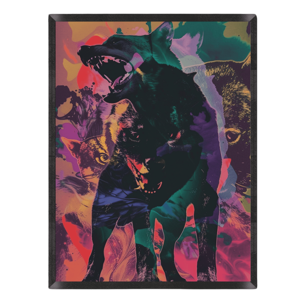 Psychedelic collage poster featuring snarling black wolves blended with vibrant pink, purple, teal, and yellow paint splatters in a thin black frame.