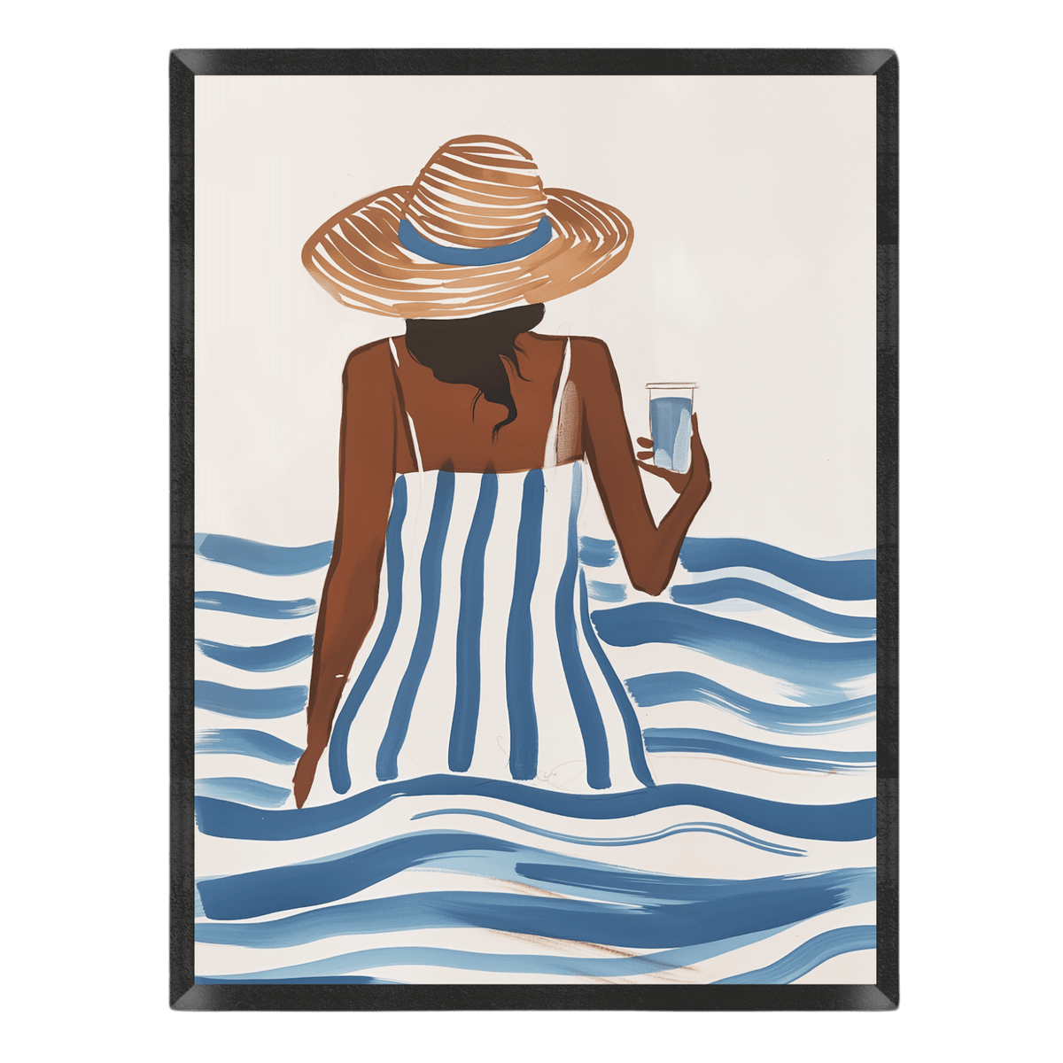 Modern minimalist summer art print of a woman seen from behind wading in stylized blue ocean waves, wearing a wide-brimmed straw hat and a blue-and-white striped outfit while holding a drink, set in a thin black frame.