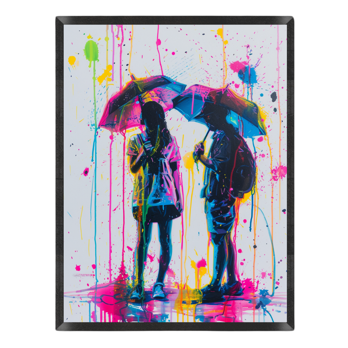 street art poster featuring dark silhouettes of a couple standing together with umbrellas under a colorful rain shower, detailed with vibrant neon paint splatters and vertical drips in hot pink, bright yellow, cyan blue, and lime green against a white background, enclosed in a thin black frame