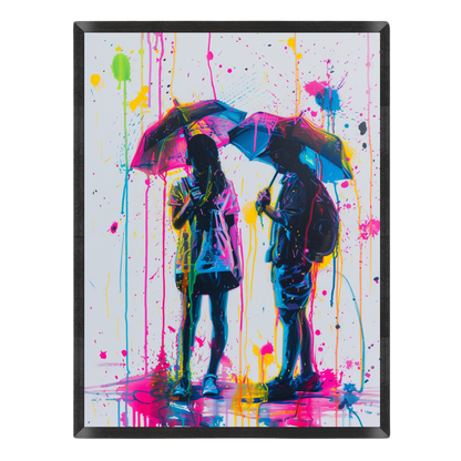 street art poster featuring dark silhouettes of a couple standing together with umbrellas under a colorful rain shower, detailed with vibrant neon paint splatters and vertical drips in hot pink, bright yellow, cyan blue, and lime green against a white background, enclosed in a thin black frame