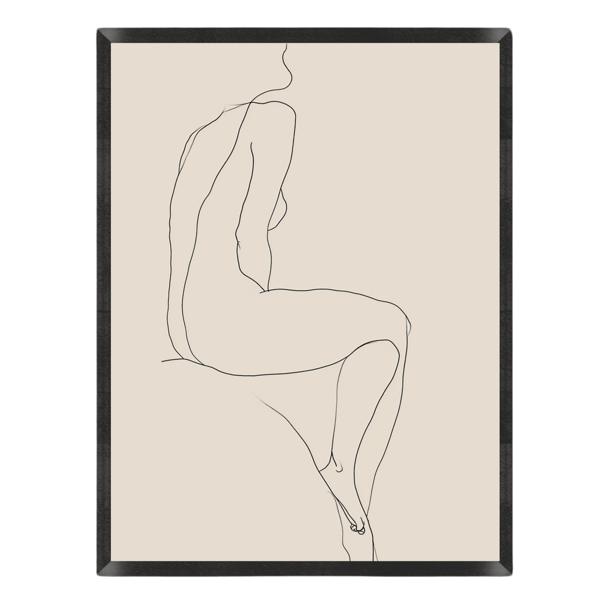 minimalist line art poster featuring an elegant, continuous single black line drawing of a seated female figure's silhouette against a warm beige background, enclosed in a thin black frame
