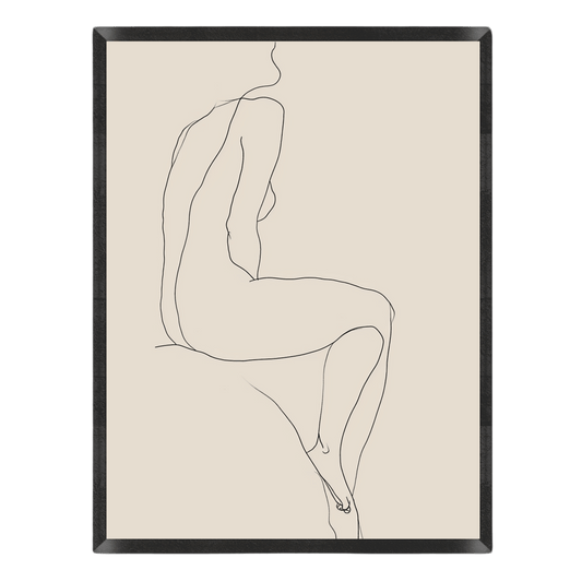 minimalist line art poster featuring an elegant, continuous single black line drawing of a seated female figure's silhouette against a warm beige background, enclosed in a thin black frame