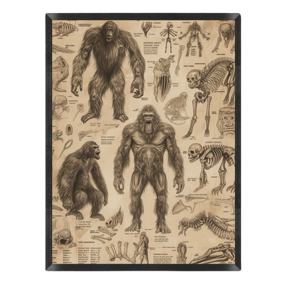 Illustration of a Sasquatch with anatomical labels on a beige background