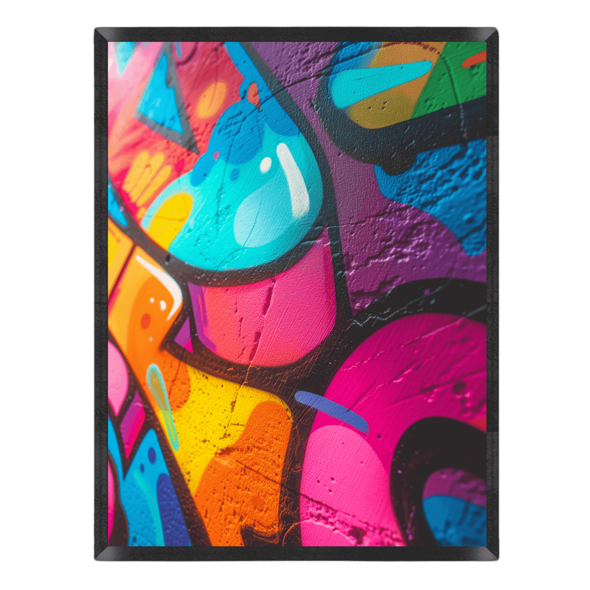 Street art wall print featuring a close-up angle of textured graffiti painted on a wall, displaying vibrant shades of magenta, turquoise, yellow, and orange with black outlines.