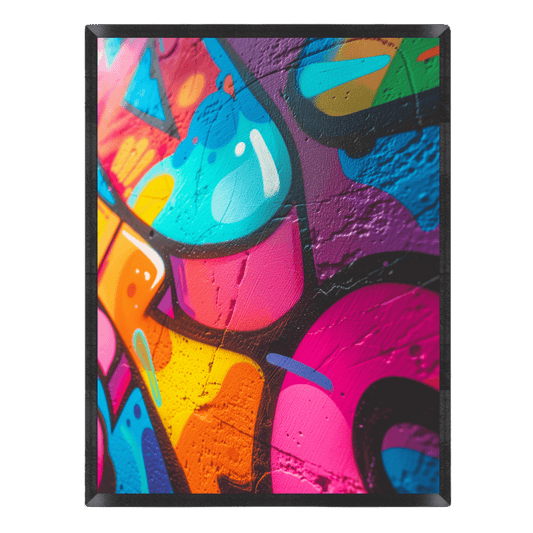 Street art wall print featuring a close-up angle of textured graffiti painted on a wall, displaying vibrant shades of magenta, turquoise, yellow, and orange with black outlines.