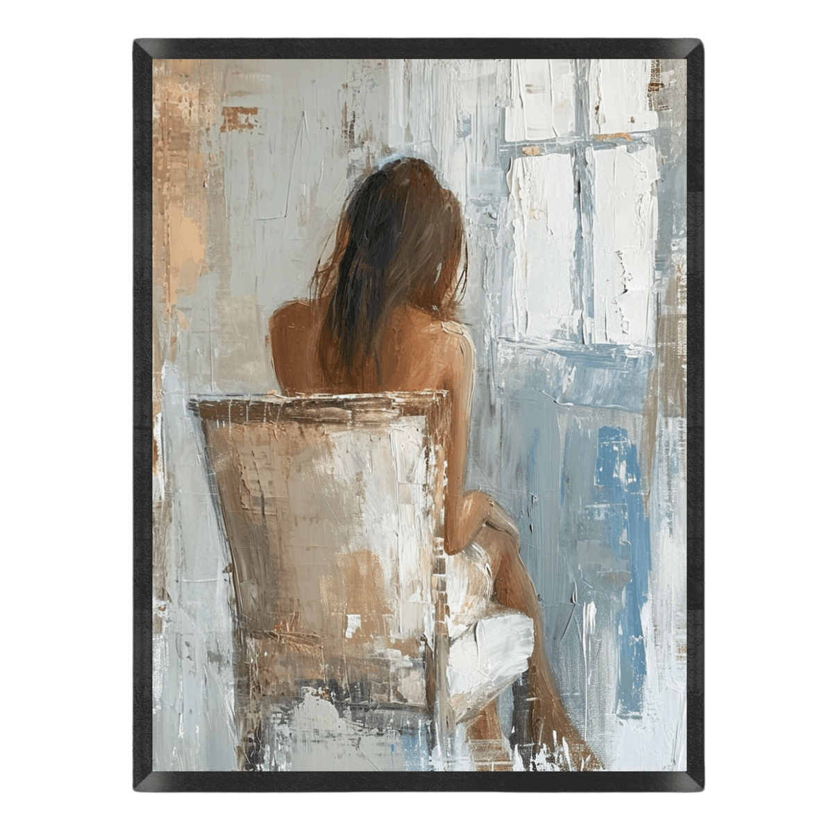 Artistic depiction of a nude figure sitting on a chair against a textured wall.