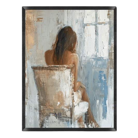 Artistic depiction of a nude figure sitting on a chair against a textured wall.