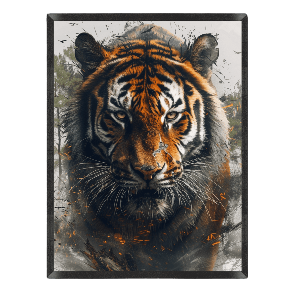 Framed artwork of a tiger's face with a naturalistic background