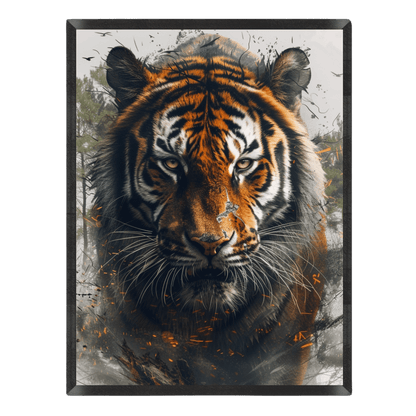 Framed artwork of a tiger's face with a naturalistic background