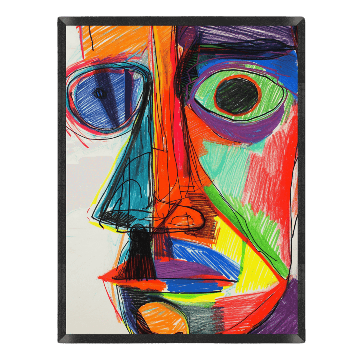 Colorful abstract portrait art print featuring a stylized face filled with bold, expressive marker and colored pencil scribbles in bright orange, blue, green, purple, and red.