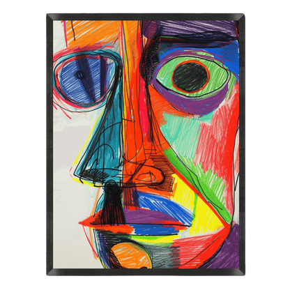 Colorful abstract portrait art print featuring a stylized face filled with bold, expressive marker and colored pencil scribbles in bright orange, blue, green, purple, and red.