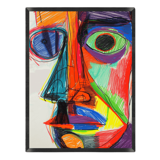 Colorful abstract portrait art print featuring a stylized face filled with bold, expressive marker and colored pencil scribbles in bright orange, blue, green, purple, and red.