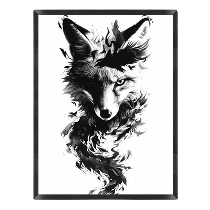 Black-and-white art print featuring a detailed illustration of a fox head merging with flying ravens and wisps of smoke.
