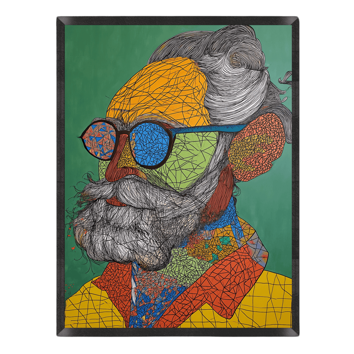 Colorful abstract artwork of a person with sunglasses and patterned clothing on a green background