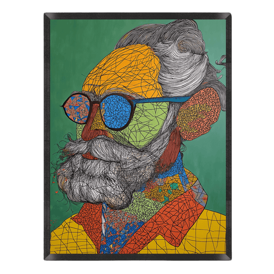 Colorful abstract artwork of a person with sunglasses and patterned clothing on a green background