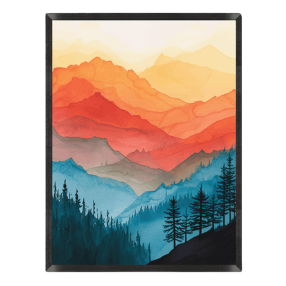Wall art of a mountain landscape with red, orange, and blue layers.