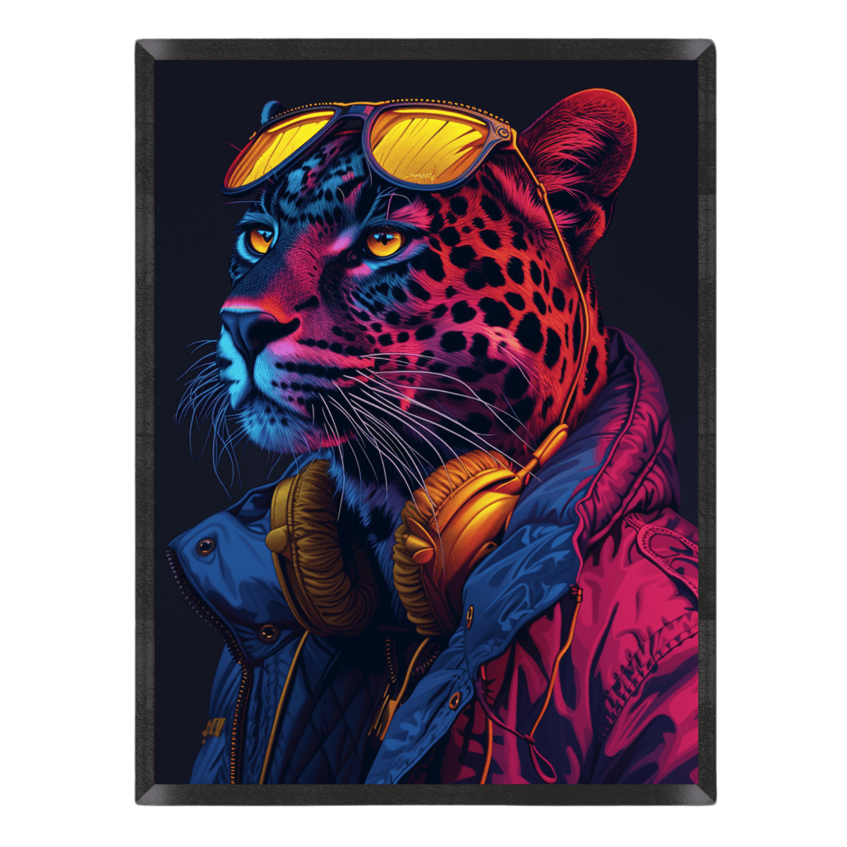 Colorful illustration of a leopard wearing sunglasses and headphones with a dark background