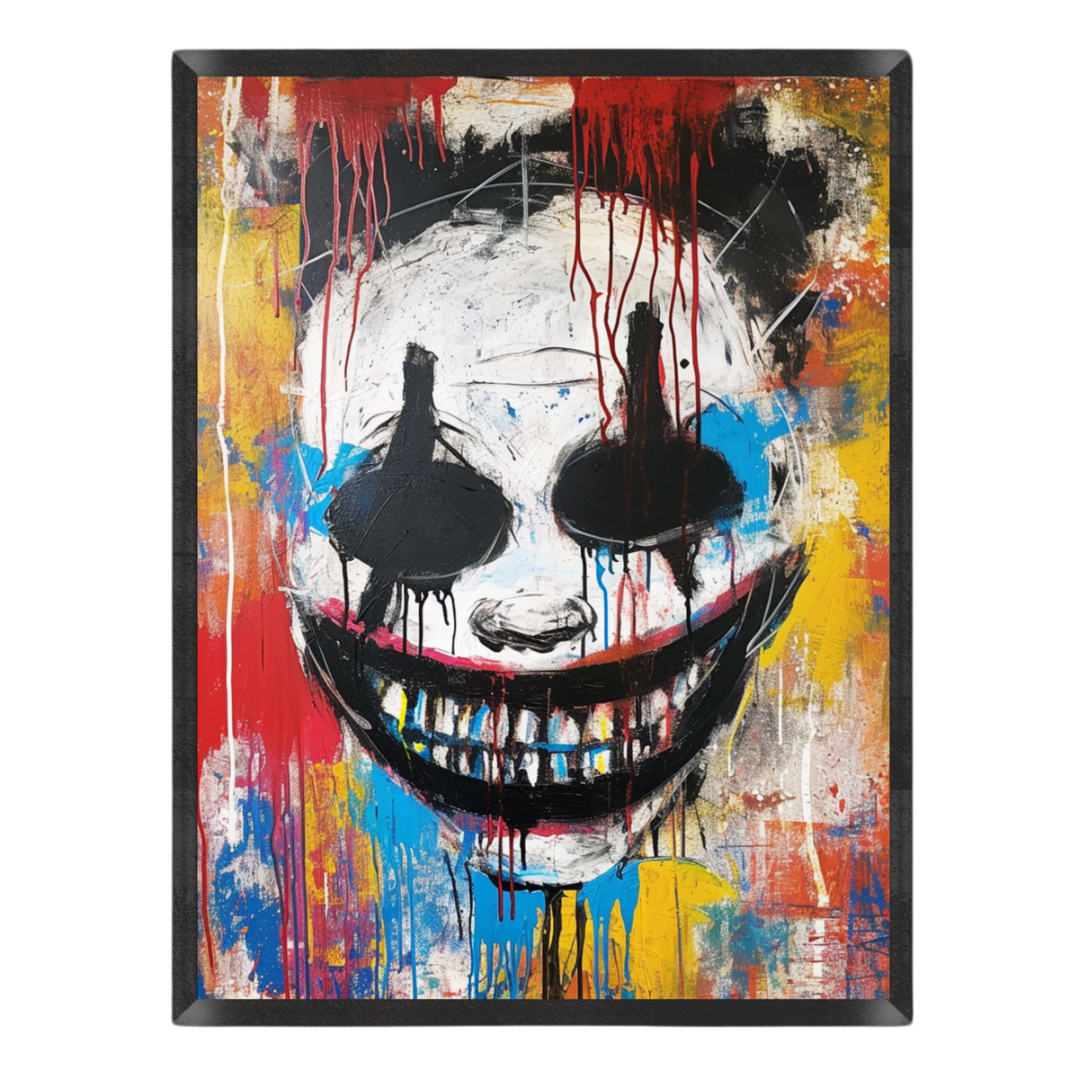 dark street art poster featuring a creepy skull-like clown face with a wide grinning mouth, black eye sockets, and dripping red paint against a vibrant graffiti splatter background of yellow, blue, and crimson, enclosed in a thin black frame